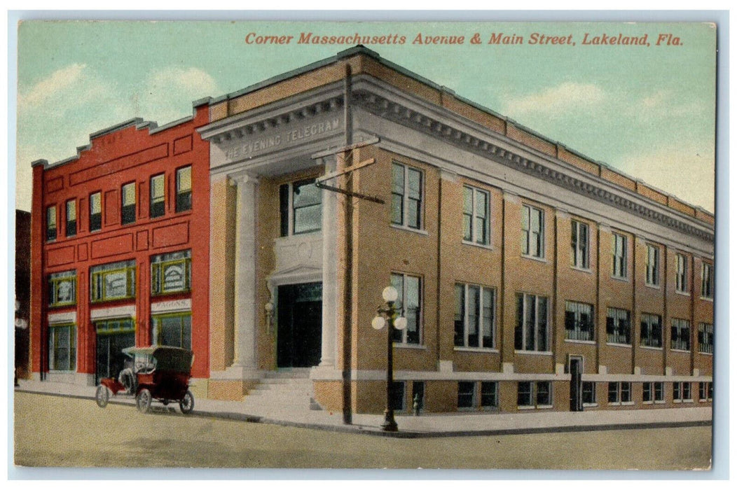 Corner Massachusetts Avenue & Main Street Lakeland Florida FL Antique Postcard