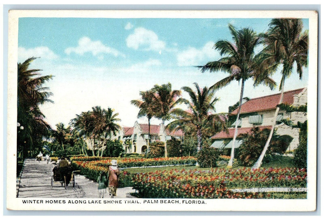 Winter Homes Along Lake Shore Trail Palm Beach Florida FL Antique Postcard