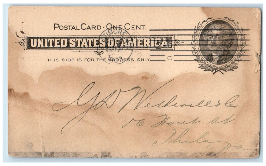 1902 Carr Owens & Heineman Wholesale Druggists Baltimore Maryland MD Postal Card