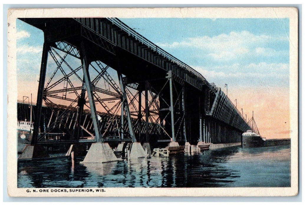 1918 GN Ore Docks Superior Wisconsin WI, Steamer Ship Detroit MI Postcard