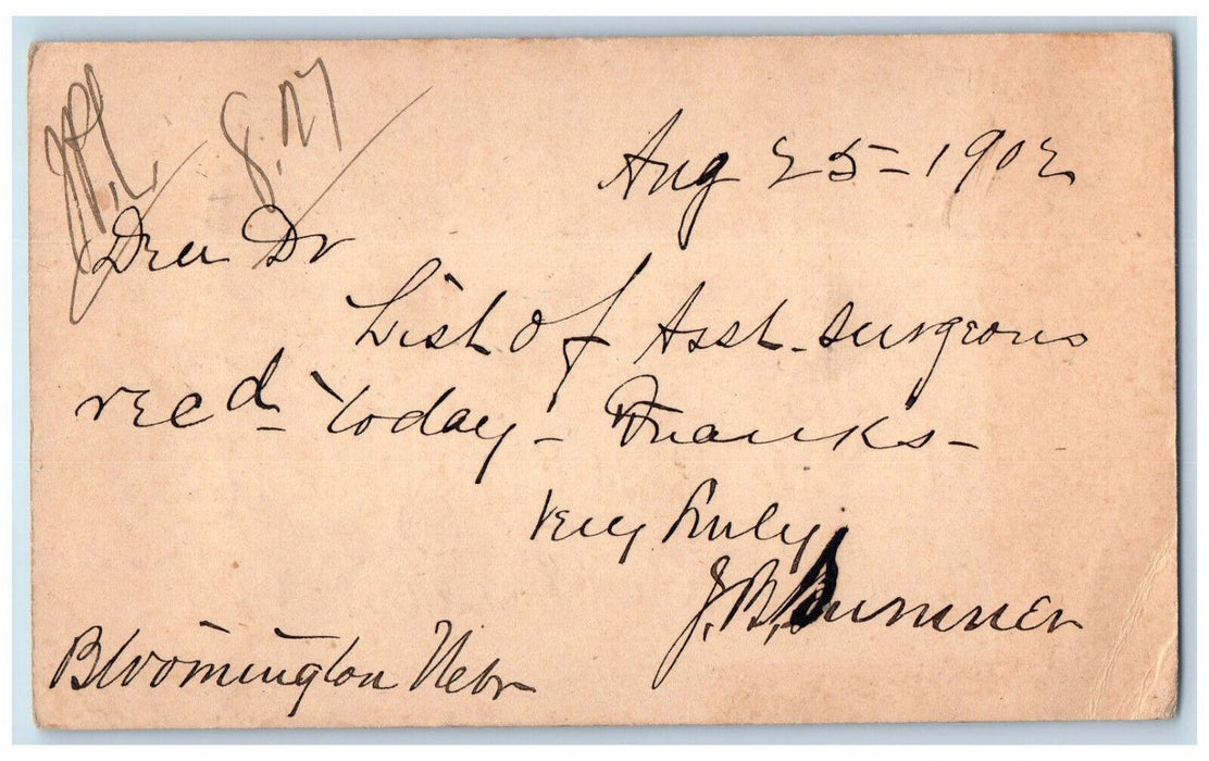1902 List of Surgeons Need Today Bloomington NE Plattsmouth NE Postal Card