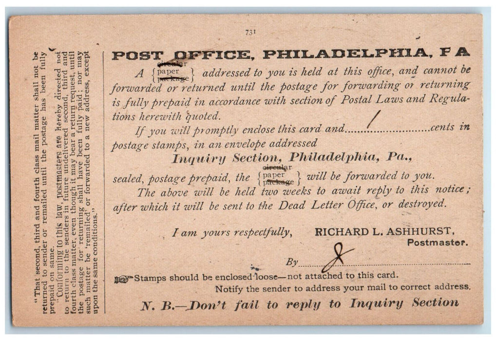 1909 Post Office Philadelphia Pennsylvania PA Norwood New York NY Postal Card