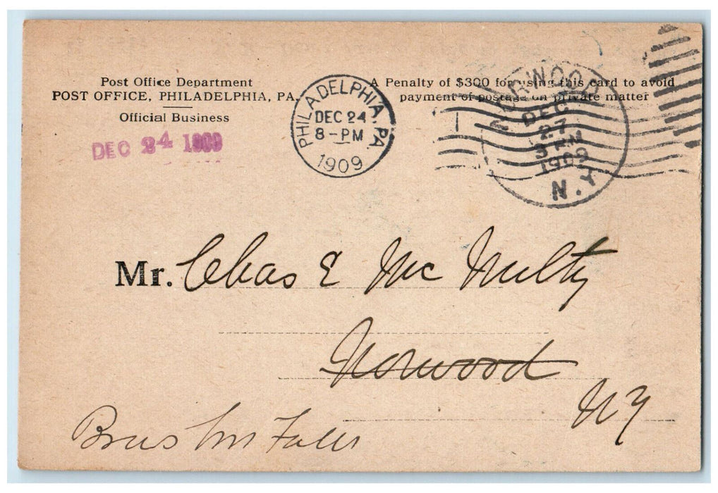 1909 Post Office Philadelphia Pennsylvania PA Norwood New York NY Postal Card