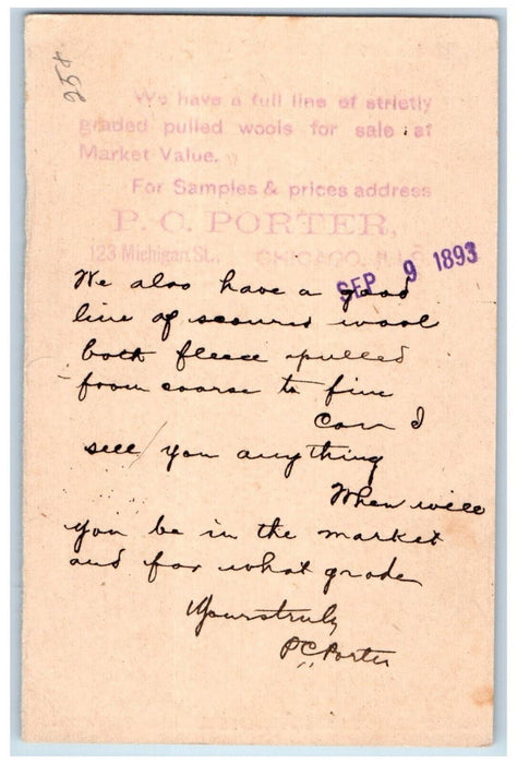 1893 Line of Graded Pulled Wools P.C. Porter Chicago IL Cedarburg WI Postal Card