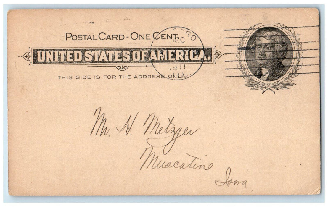 1911 Acknowledge Receipt of Remittance Chicago IL Muscatine Iowa IA Postal Card