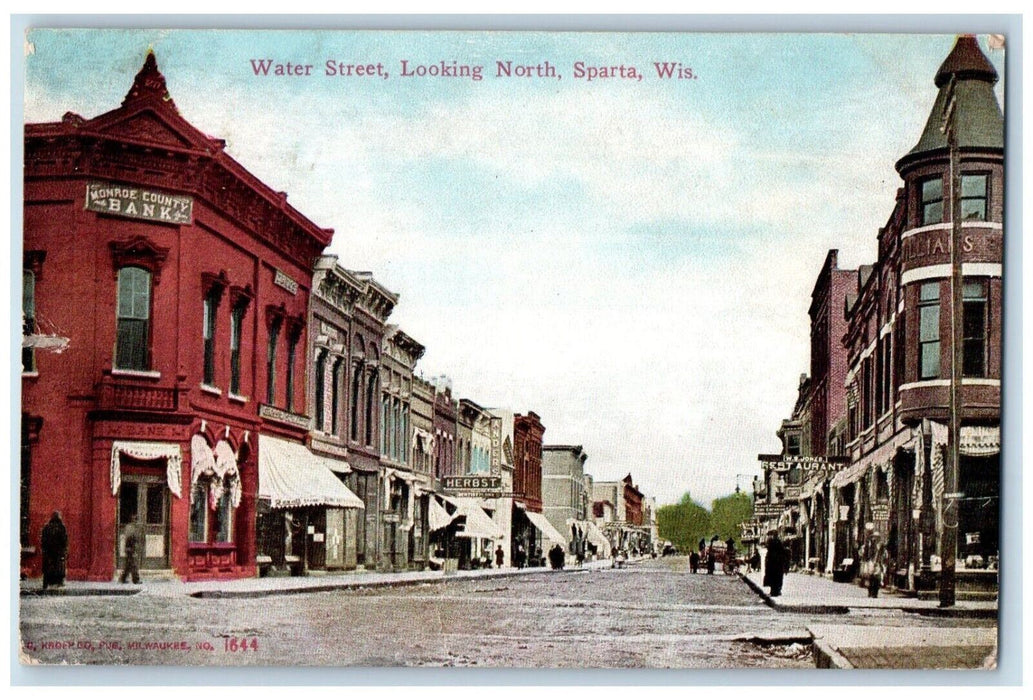 1914 Water Street Looking North Monroe County Bank Restaurant Sparta WI Postcard