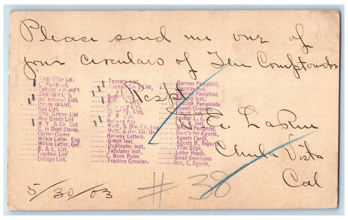 1903 Send Circular Falt & Farrant Mfg. Co. Chicago IL San Diego CA Postal Card