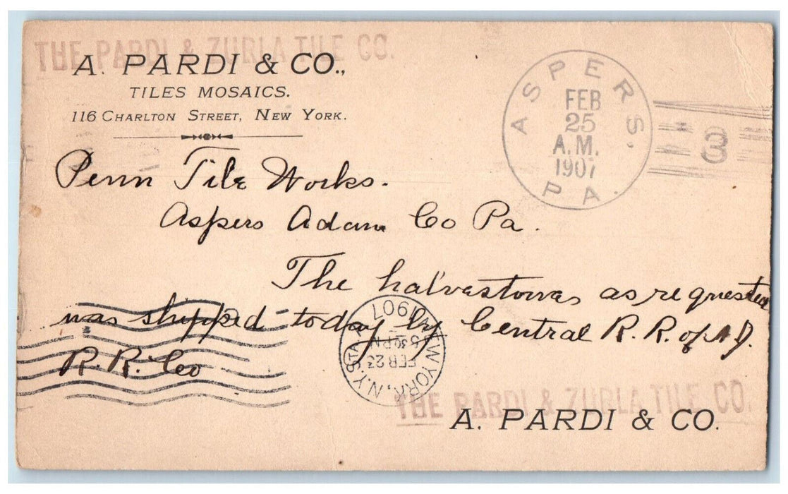 1907 A Pardi & Co. Tiles Mosaics New York City NY Aspers PA Postal Card