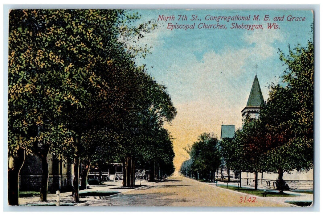 Sheboygan WI, North 7th St. Congregational ME Grace Episcopal Churches Postcard