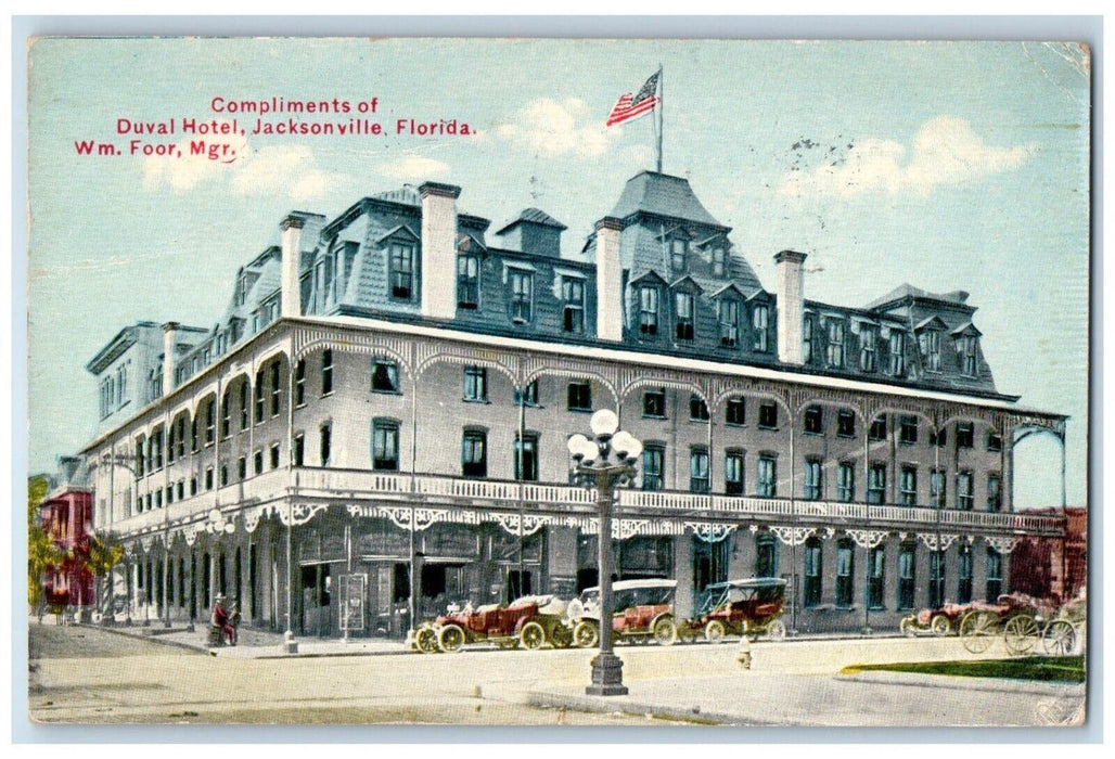 1911 Compliments Of Duval Hotel Building Cars Jacksonville Florida FL Postcard