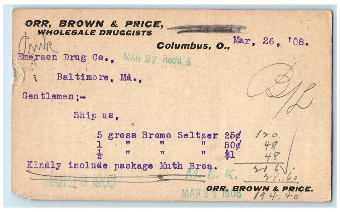 1908 Orr Brown Price Emerson Drug Co. Baltimore Maryland MD Postal Card