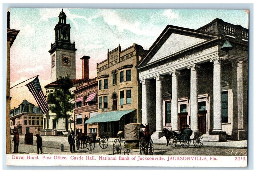 Duval Hotel Post Office Castle Hall National Bank Of Jacksonville FL Postcard