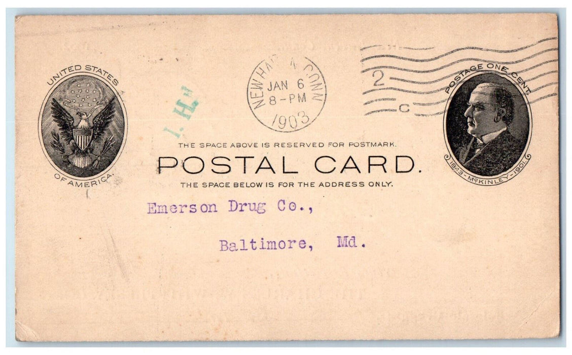 1903 The Charles W. Whittlesey Co. Emerson Drug Co. New Haven CT Postal Card
