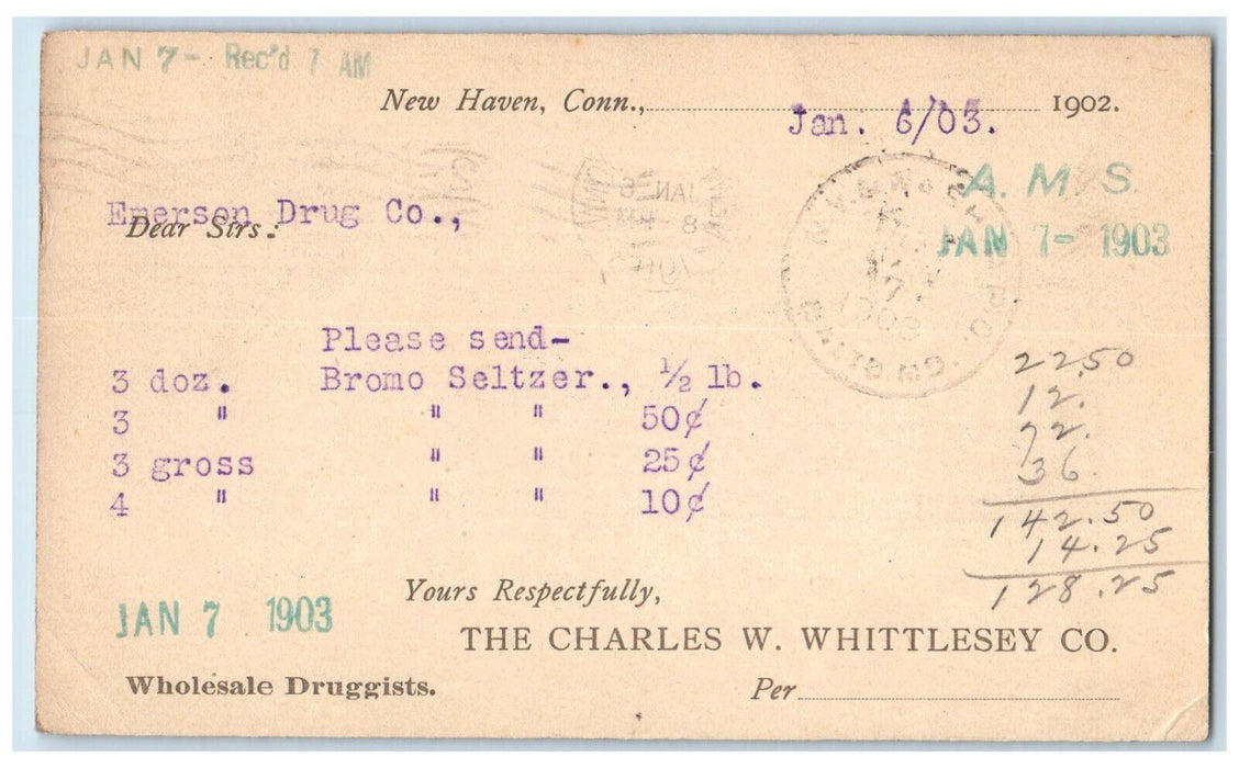 1903 The Charles W. Whittlesey Co. Emerson Drug Co. New Haven CT Postal Card