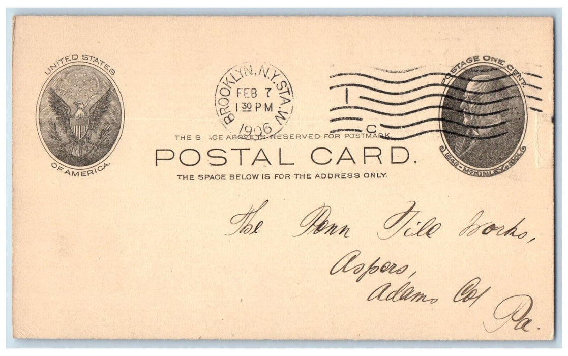 1906 Columbia  Mantel Co. Brooklyn New York NY Adams Co PA Postal Card