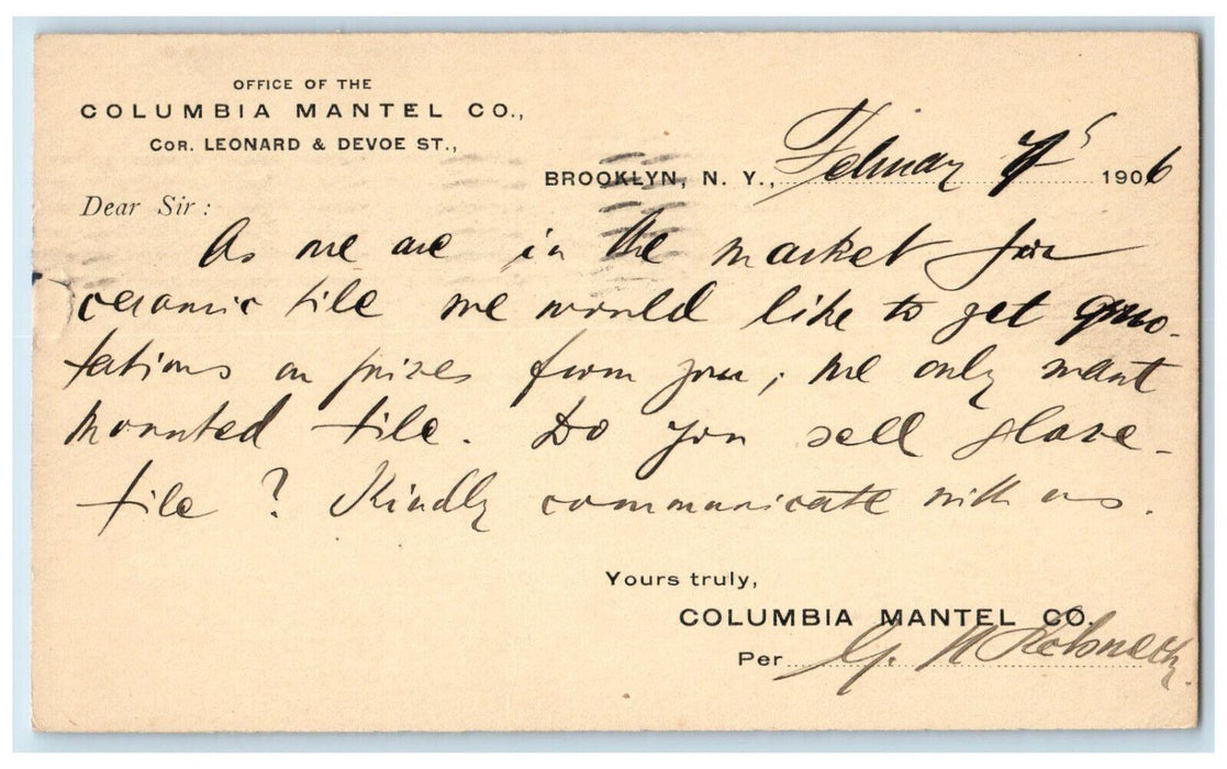 1906 Columbia  Mantel Co. Brooklyn New York NY Adams Co PA Postal Card