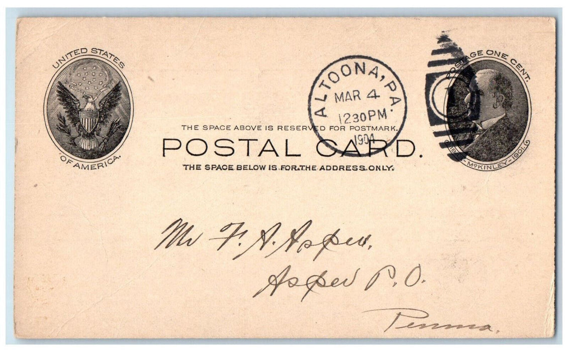 1904 Laughman Coal Mining Co. Altoona Aspers Pennsylvania PA Posted Postal Card