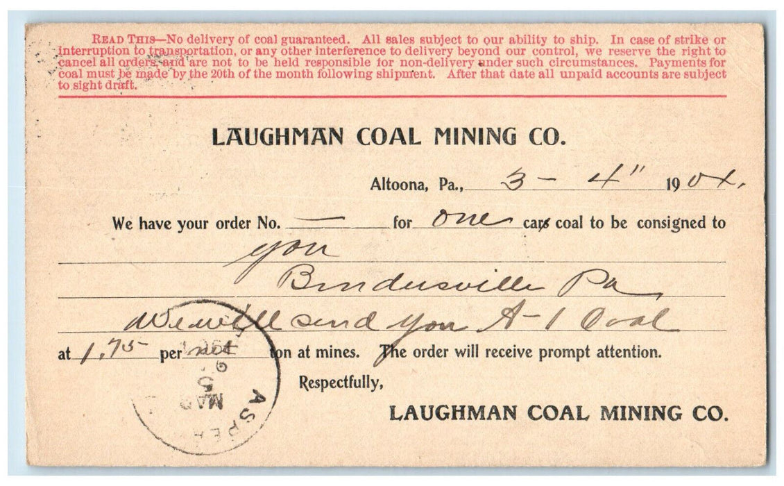 1904 Laughman Coal Mining Co. Altoona Aspers Pennsylvania PA Posted Postal Card