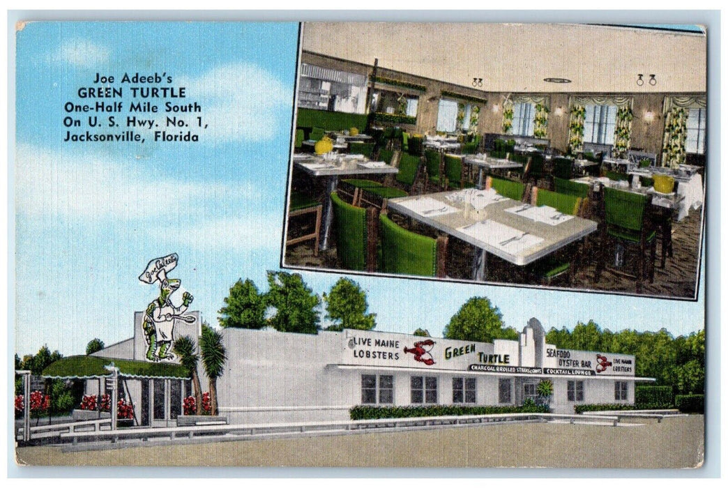 Joe Adeeb's Green Turtle Restaurant Dining Room Jacksonville FL Vintage Postcard