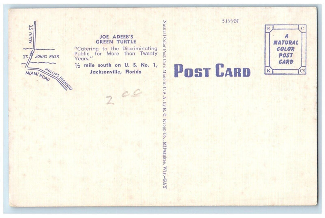 Joe Adeeb's Green Turtle Restaurant Dining Room Jacksonville FL Vintage Postcard