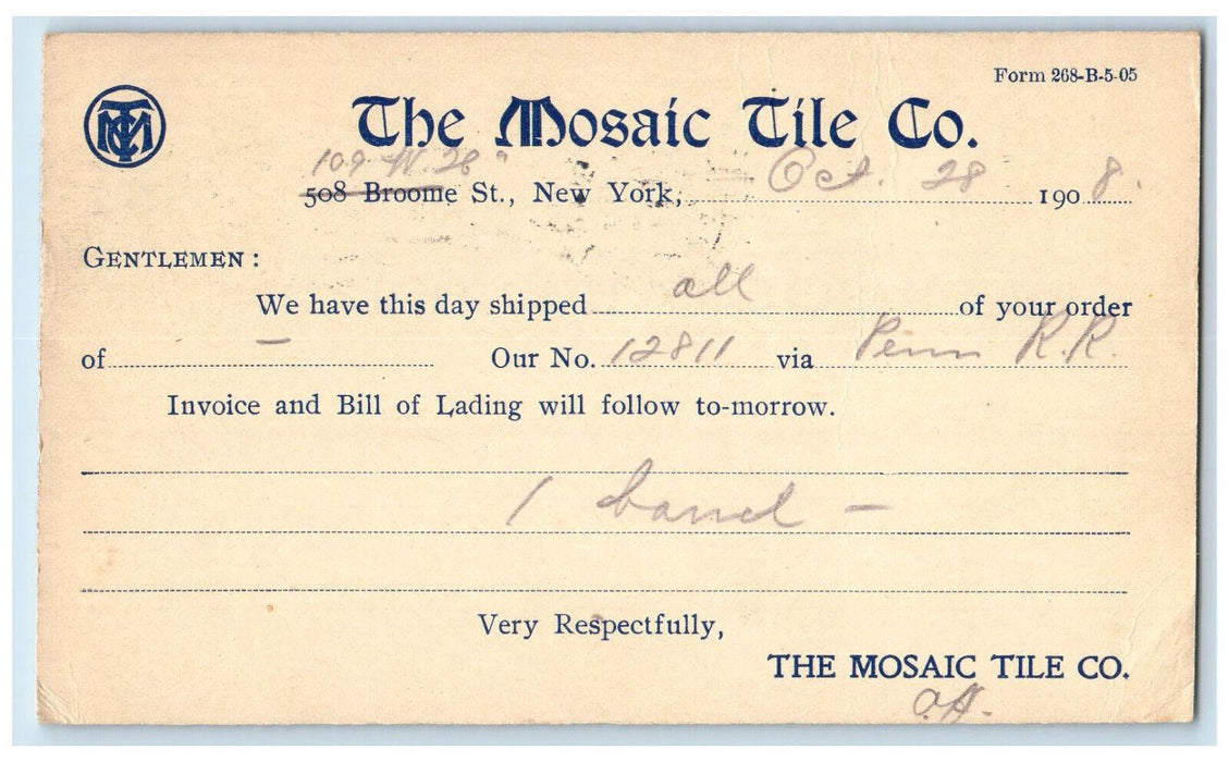 1908 Order Shipped The Mosaic Tile Co. New York City NY Adams Co. PA Postal Card