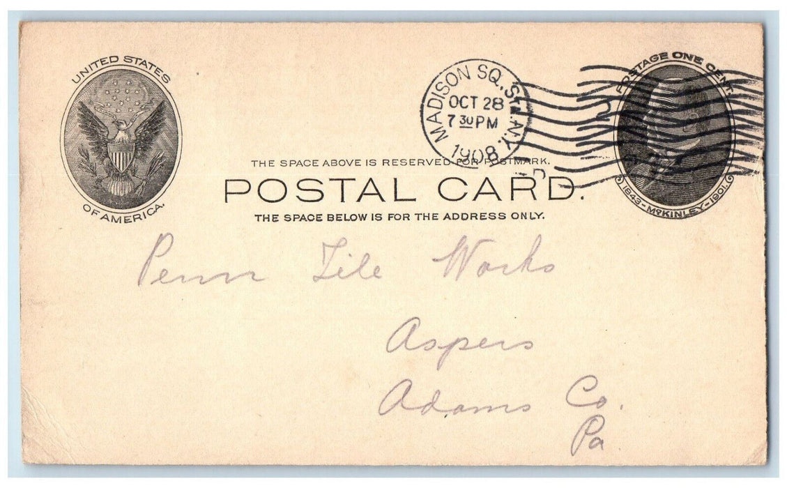 1908 Order Shipped The Mosaic Tile Co. New York City NY Adams Co. PA Postal Card