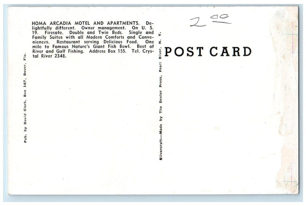 Homa Arcadia Motel & Apartments Car Homosassa Springs Florida FL Postcard