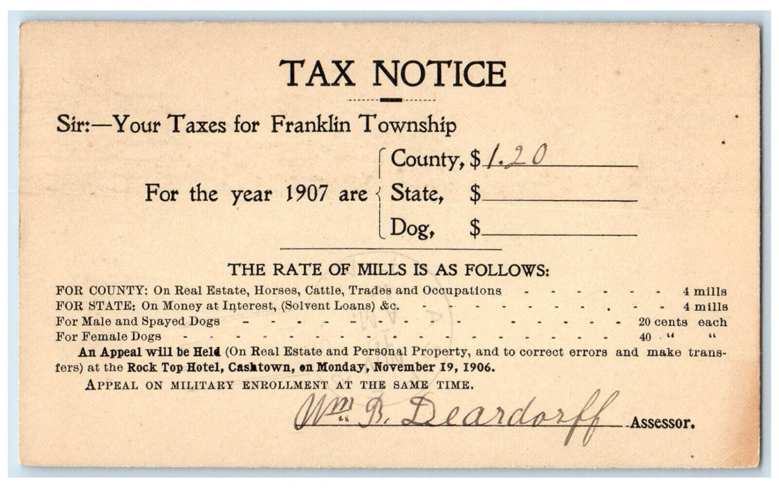 1906 Taxes for Franklin Township B Deardorff Demis Asper Asper PA Postal Card