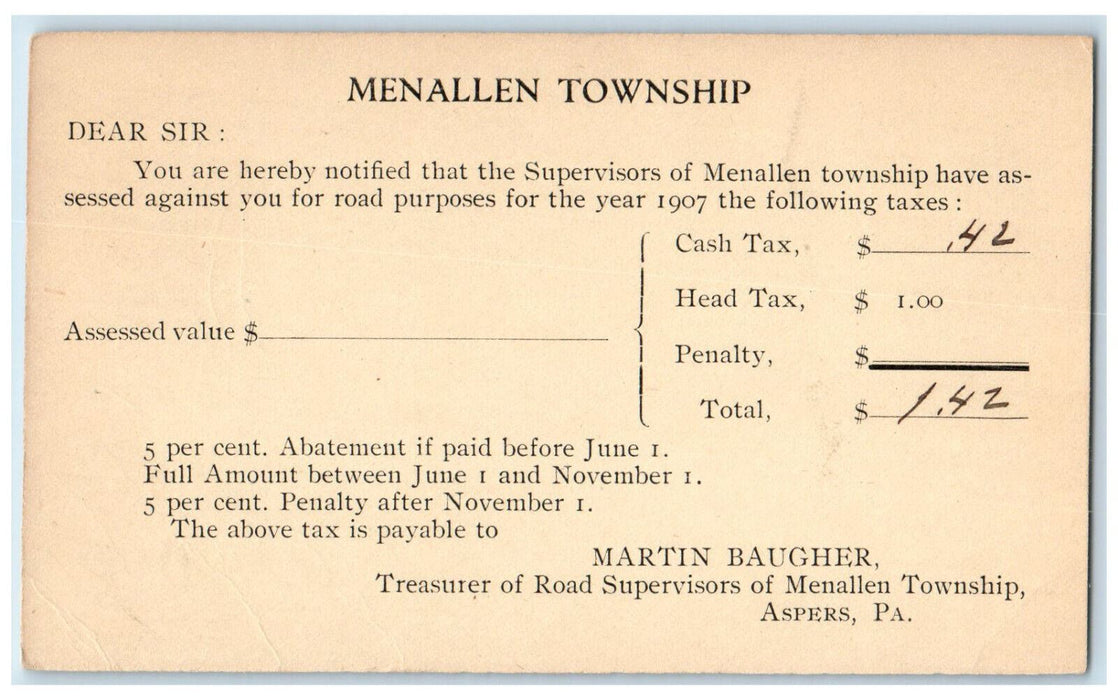 1907 Menallen Township Road Purposes Aspers PA Hartford CT Postal Card