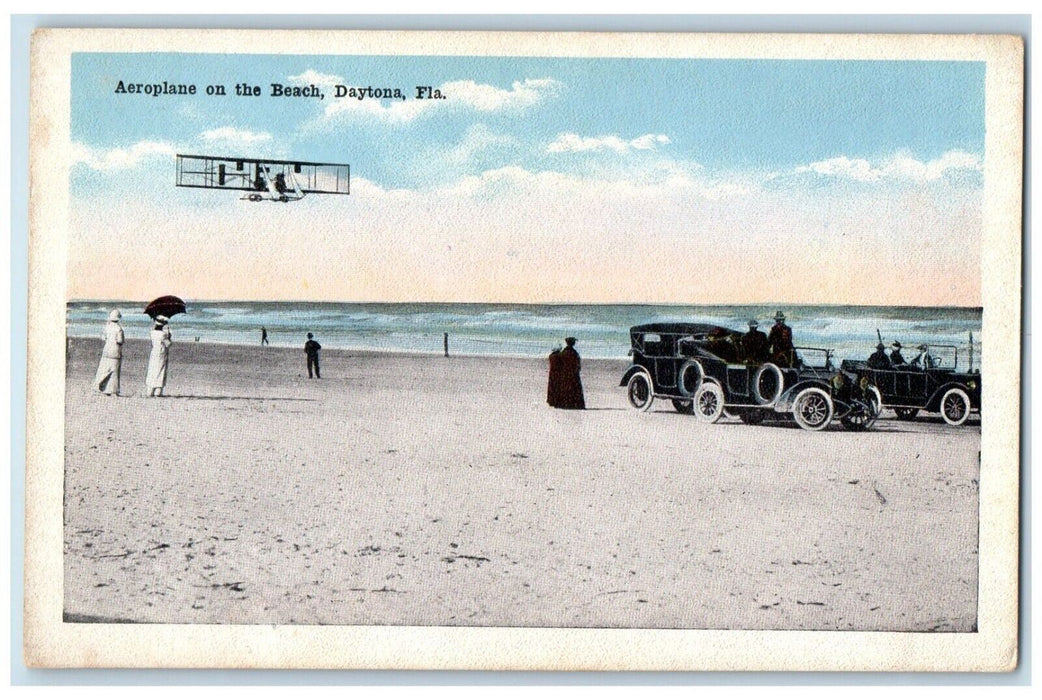 c1910's Aeroplane On The Beach Surf Cars Daytona Florida FL Antique Postcard