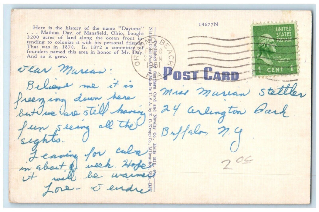 1951 Beach Street Metrdrys Cars Flowers Daytona Beach Florida FL Posted Postcard