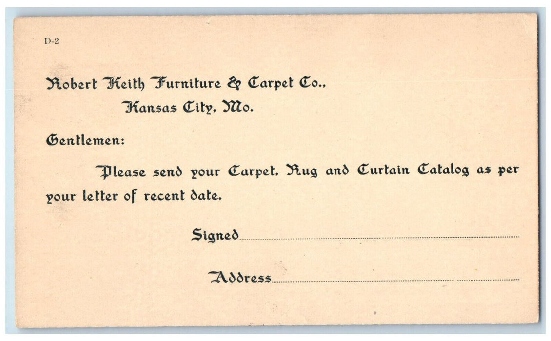 c1880's Robert Keith Furniture & Carpet Co. Kansas City Missouri MO Postal Card