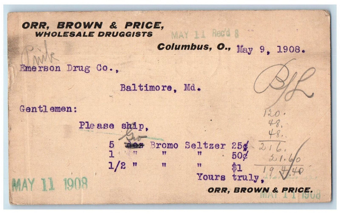 1908 Orr Brown Price Please Ship Seltzer Emerson Drug Co Columbus OH Postal Card