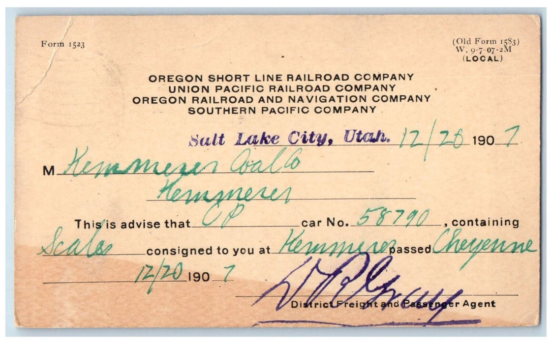 1907 Oregon Short Line Railroad Company Salt Lake City Utah UT Postal Card