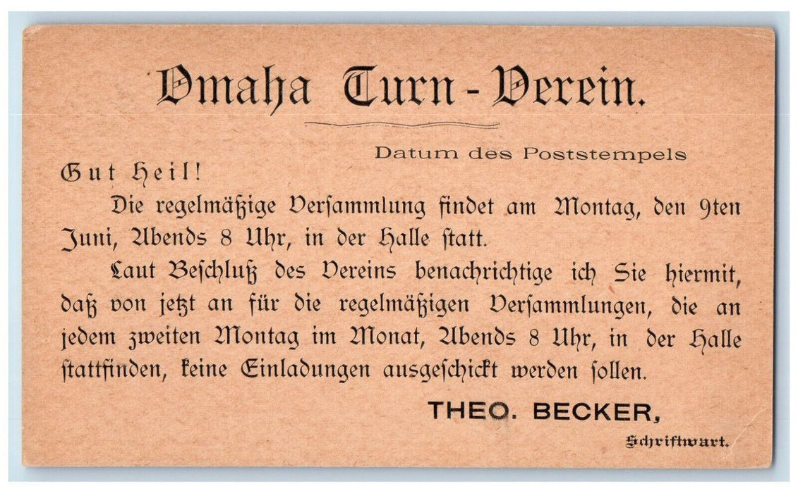 c1880's Turn Club Regular Meeting Omaha Nebraska NE Paxton Block Postal Card