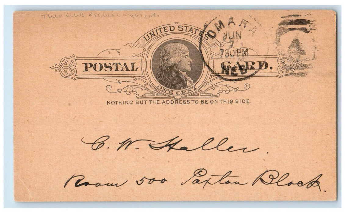c1880's Turn Club Regular Meeting Omaha Nebraska NE Paxton Block Postal Card