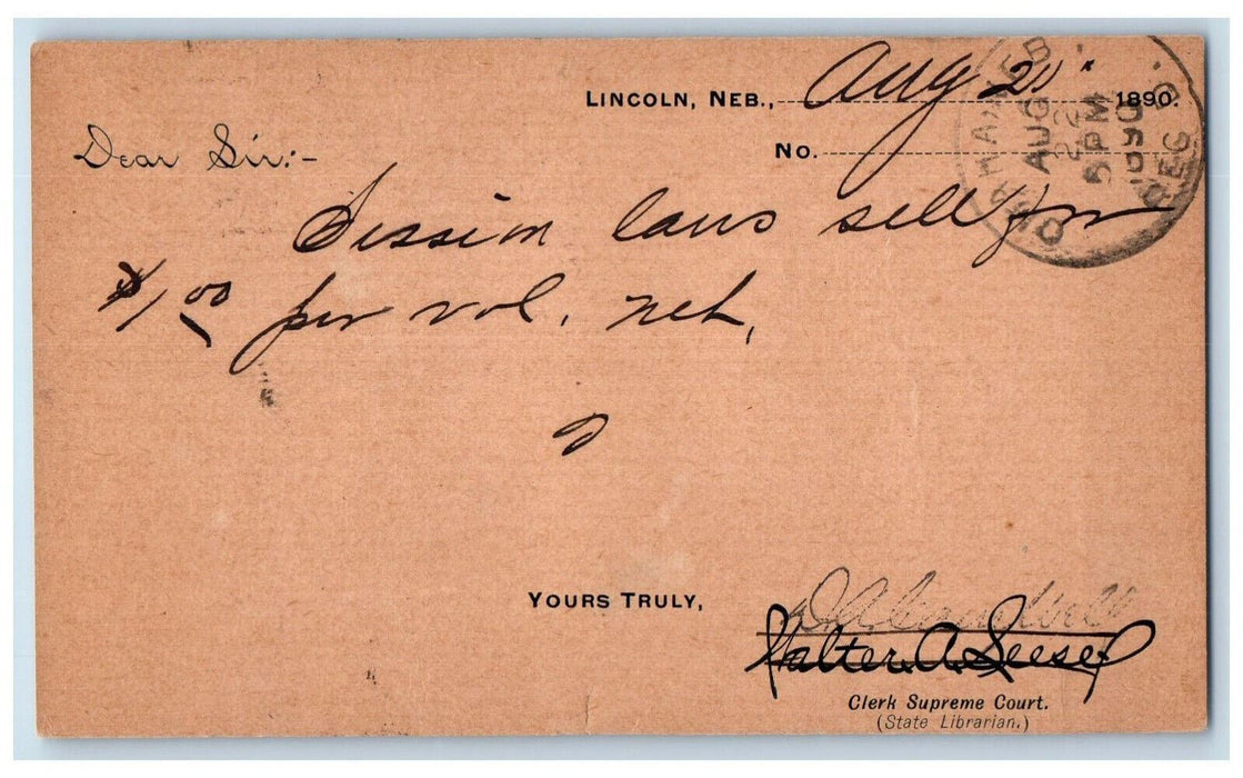 1890 Walter Seesef Clerk Supreme Court Omaha Nebraska NE Lincoln NE Postal Card