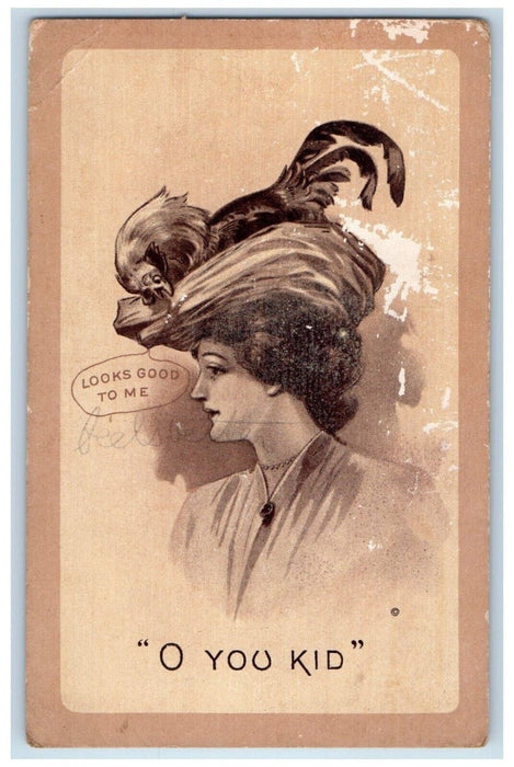 Pretty Woman Chicken On Top Of Hat You Kid Piano Advertising Antique Postcard