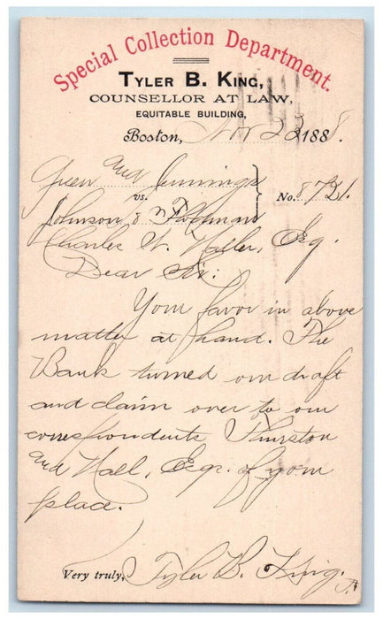 1888 Special Collection Department Tyler B King Boston MA Postal Card
