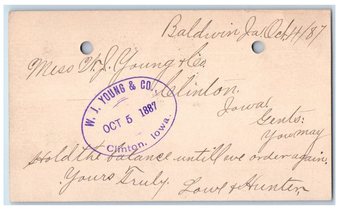 1887 Hold The Balance Lumber Order WJ Young & Co Baldwin IA Postal Card