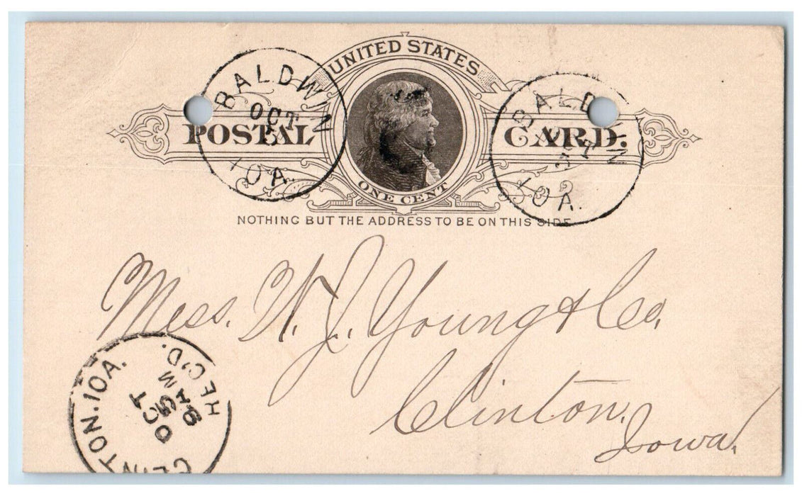 1887 Hold The Balance Lumber Order WJ Young & Co Baldwin IA Postal Card