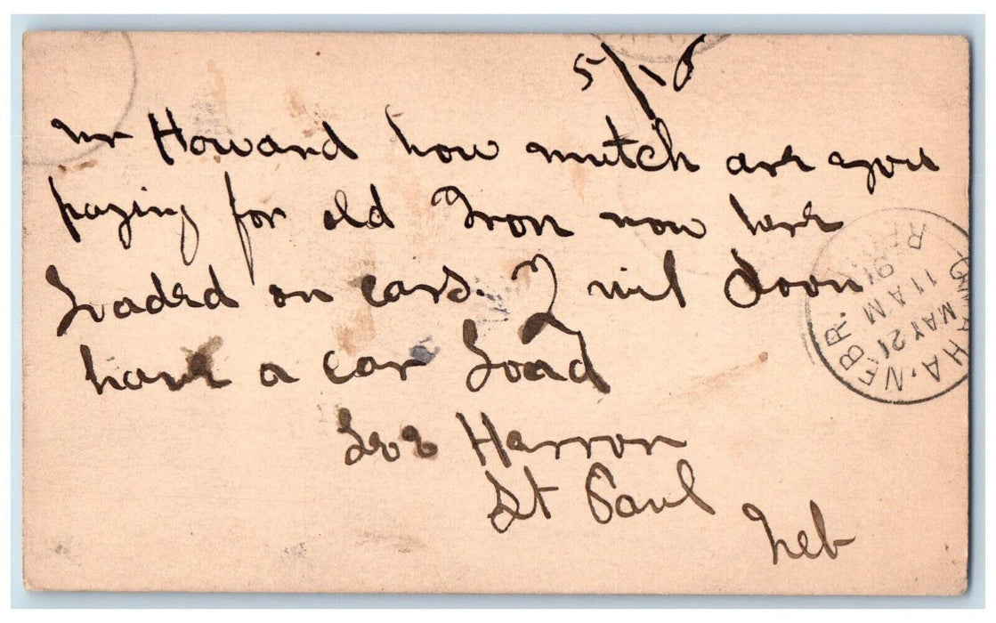1891 Wholesale Scrap Iron Forwarded Stamp WS Howard Omaha NE Postal Card