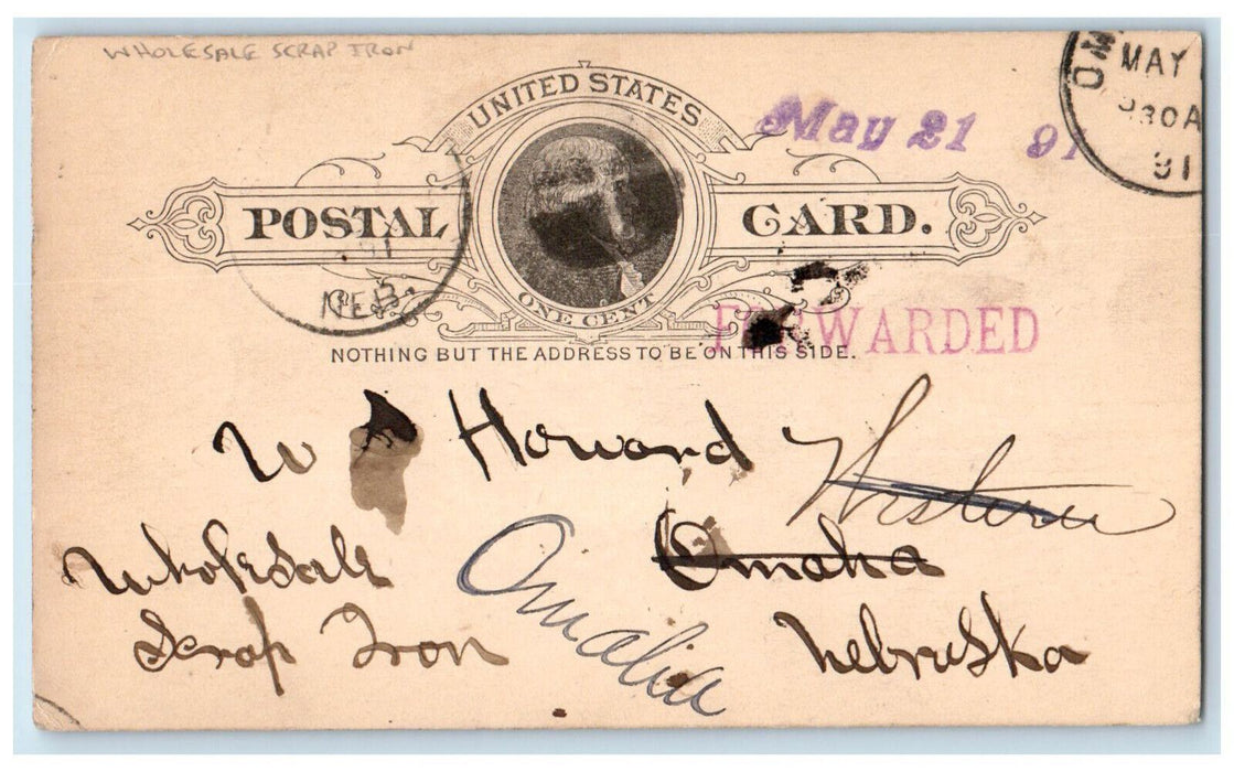 1891 Wholesale Scrap Iron Forwarded Stamp WS Howard Omaha NE Postal Card
