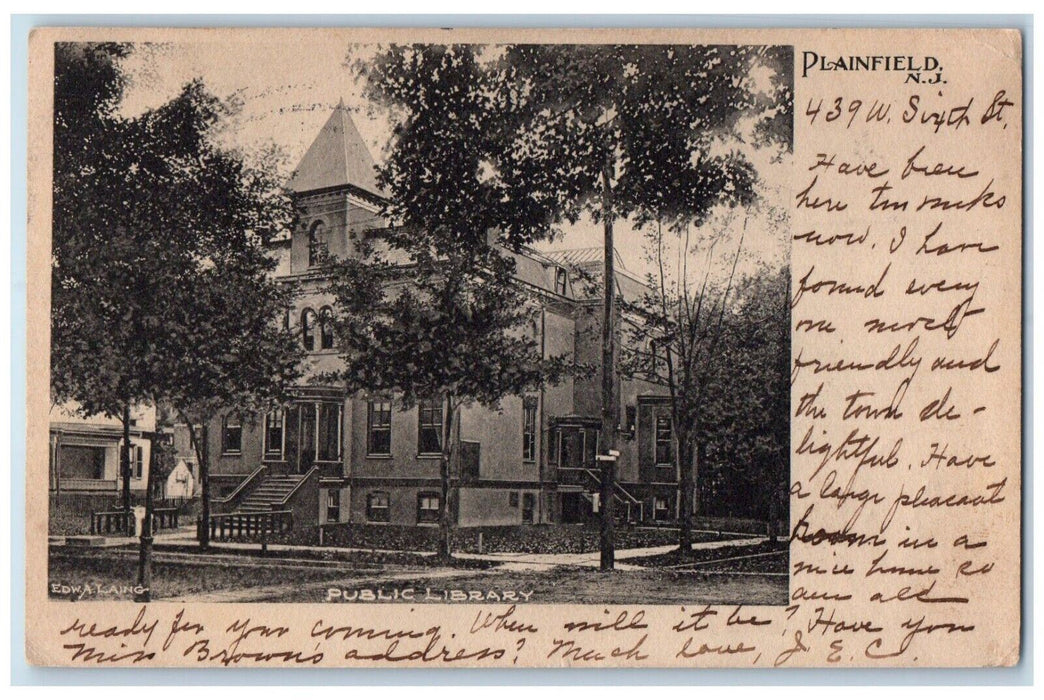 1905 Exterior View Public Library Building Trees Plainfield New Jersey Postcard
