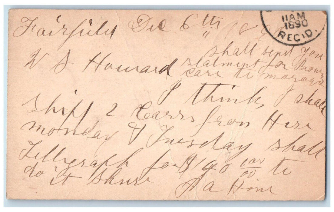 1890 WS Howard Fairfield Nebraska NE Omaha NE Cancel Antique Postal Card