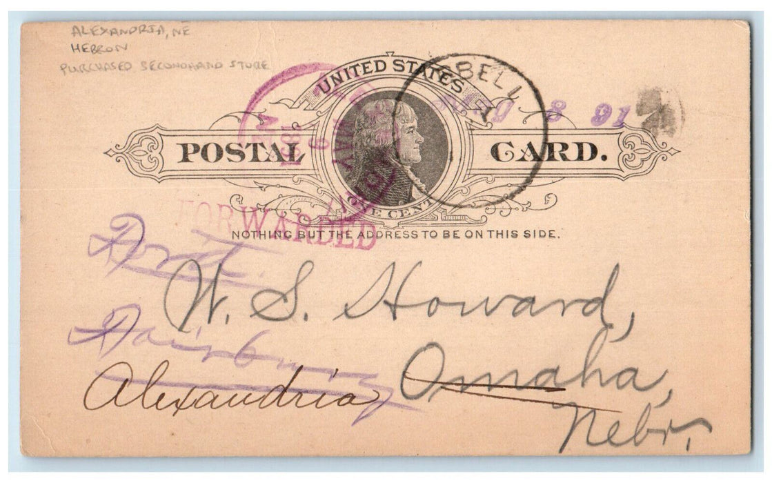 1891 Purchased Second Hand Store Hebron Nebraska NE Omaha NE Postal Card