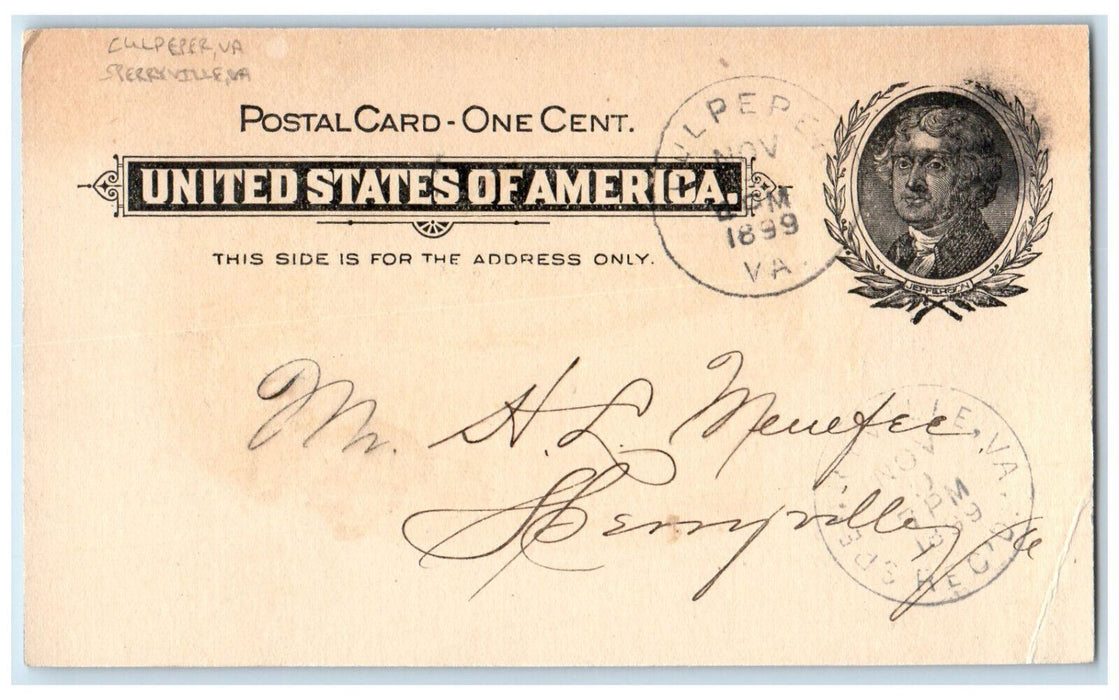 1899 Policy Number Culpeper Virginia VA Sperryville VA Antique Postal Card