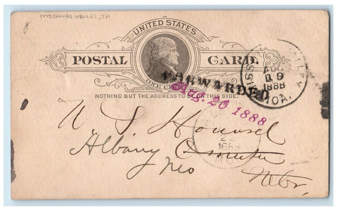 1888 Forwarded Missouri Valley Iowa IA Albany MO Antique Postal Card