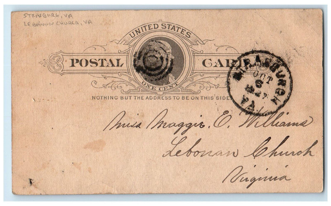 1887 Asking for Pardon Strasburg Virginia VA Lebanon Church VA Postal Card