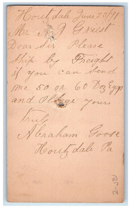 1891 Dozen of Eggs AJ Griest Houtzdale Pennsylvania PA Fleming PA Postal Card